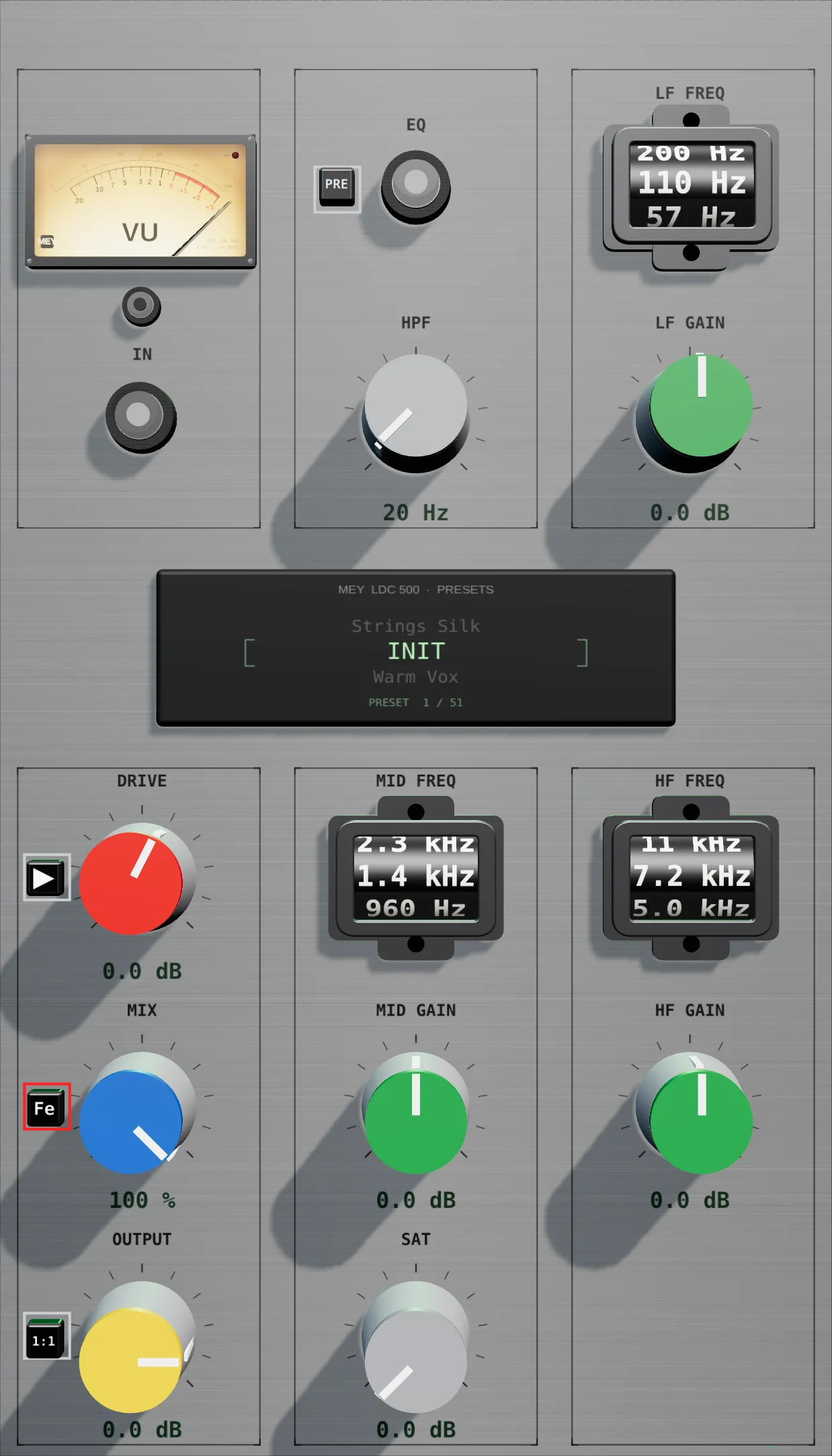 The MEY LDC 500 V2 front panel: VU meter, the Fe, 1:1 and PRE keys, thumbwheel frequency selectors and the preset display