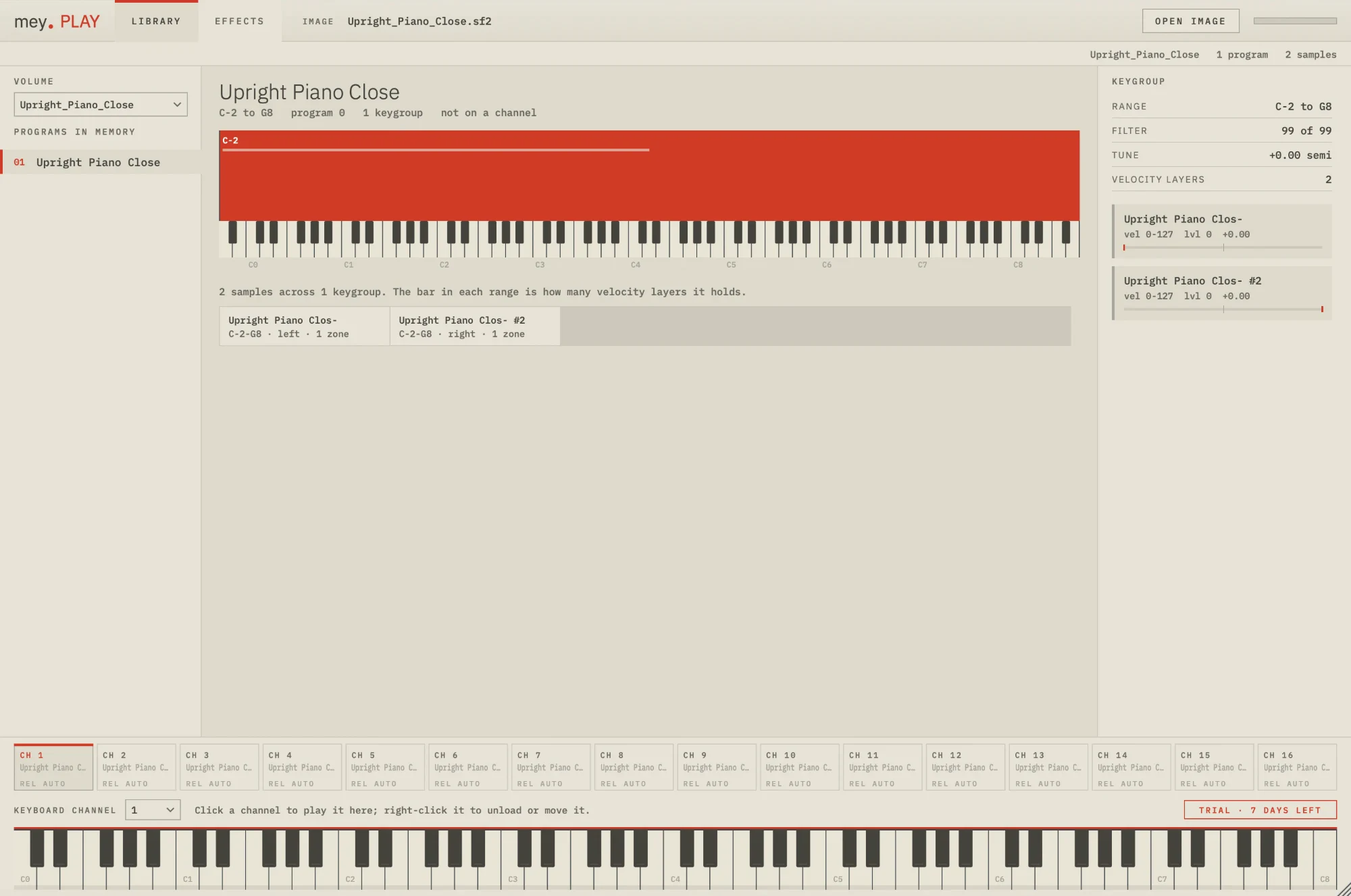 MEY PLAY: the programs of a volume, each on its own MIDI channel, the keygroups laid over a keyboard and the samples they play