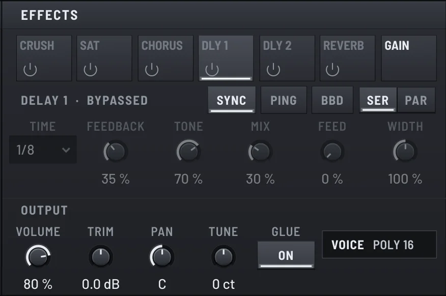 The EFFECTS panel of MEY ROB: crush, saturation, chorus, two delays and reverb