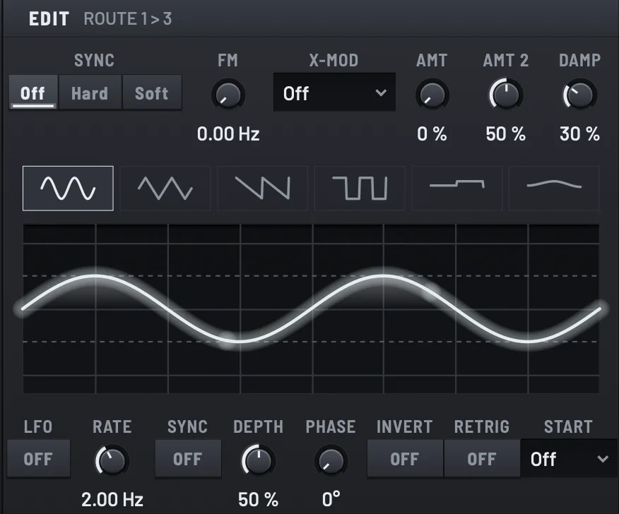 A route in the EDIT panel of MEY ROB: sync, FM depth, cross-modulation type and its own mini LFO