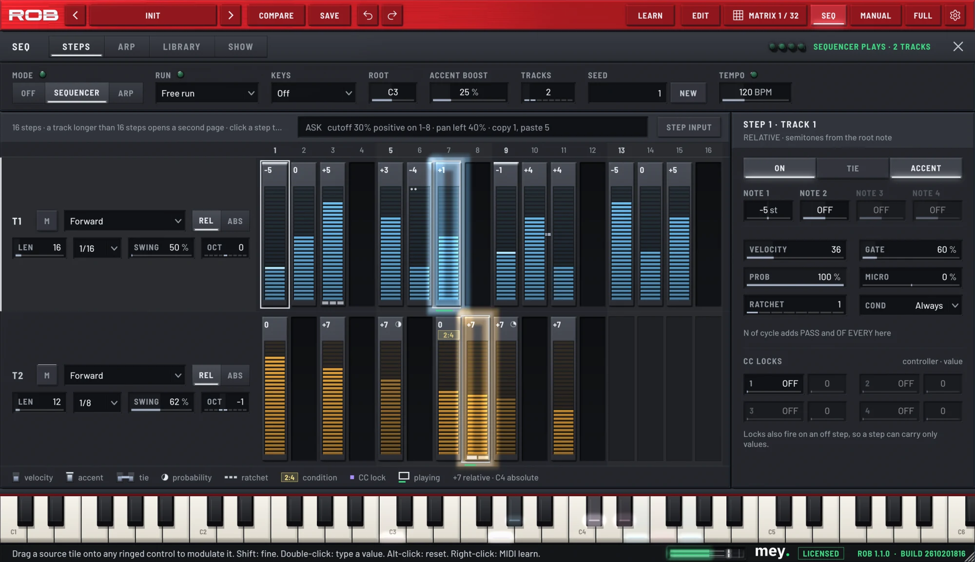 The STEPS page of the MEY ROB sequencer running: two tracks of pads with velocity, accents, a ratchet and a tie