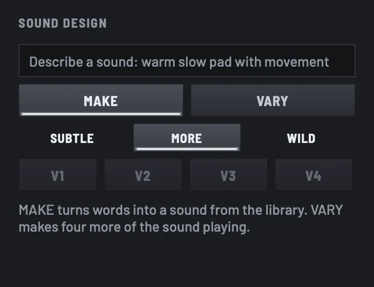 SOUND DESIGN in the preset library of MEY ROB: a description field, MAKE and VARY