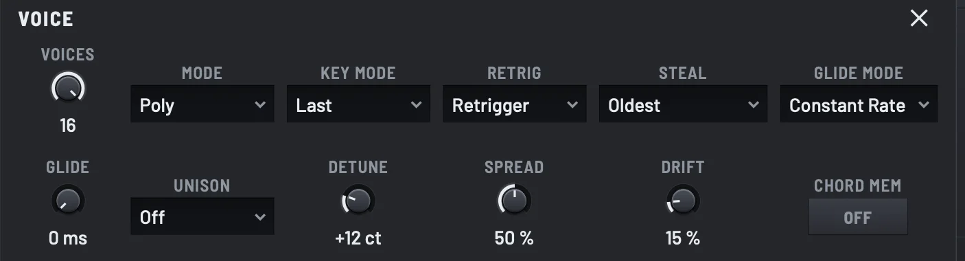 The VOICE panel of MEY ROB: voices, mode, key mode, glide, unison and chord memory